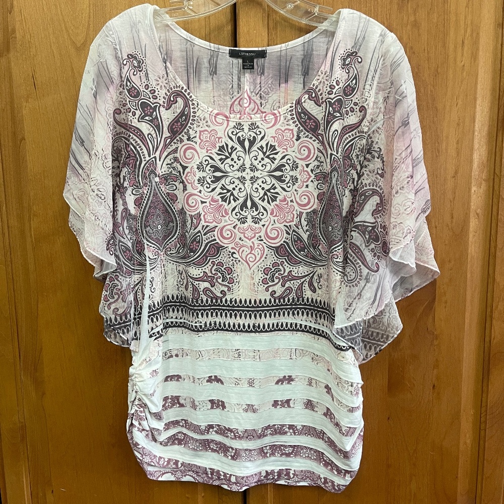NEW Espresso Medium Pink Brown Flutter Sleeve Top Blouse LARGE Pretty!
